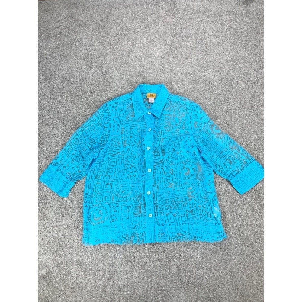 Ruby Rd. Semi Sheer Button Up Blouse Womens 14 Burnout Geometric Summer Casual